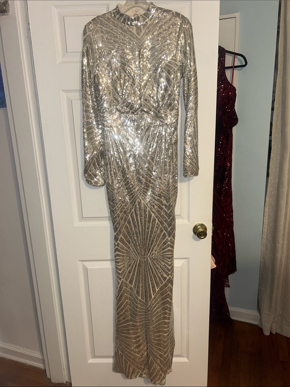 Silver Sequined Long Sleeve Evening Gown